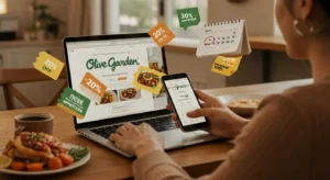 Person searching Olive Garden coupons online with discount icons and June 2025 calendar.