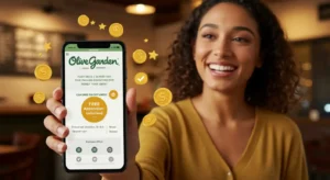 Customer viewing Olive Garden rewards points on smartphone in restaurant setting.
