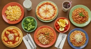 Top view of Olive Garden kids menu including pasta, pizza, and sides.