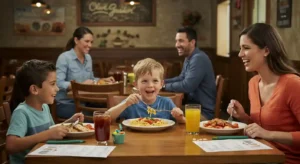 Happy family dining at Olive Garden with smiling kids and friendly service.