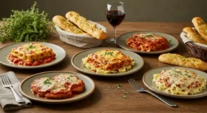 Olive Garden Classic Entrées on rustic plates with breadsticks.