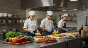 Chefs preparing fresh Italian dishes in modern kitchen.