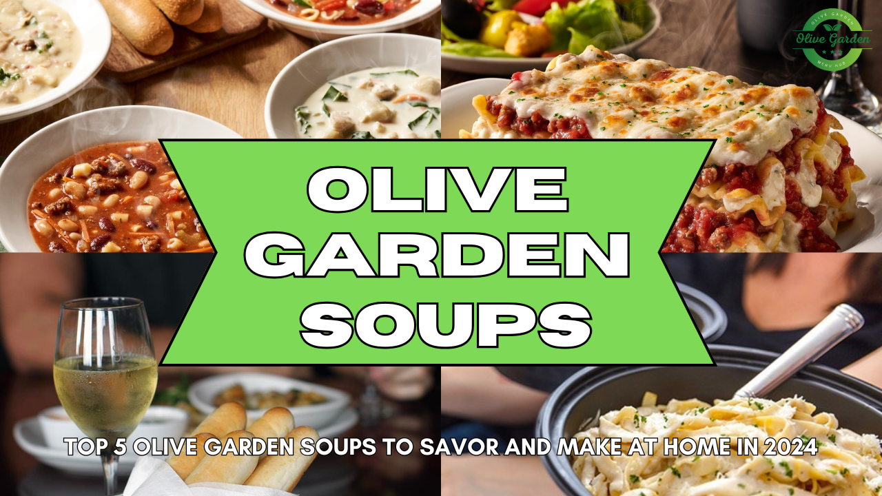 Olive Garden Soups in a bowl with breadsticks and herbs