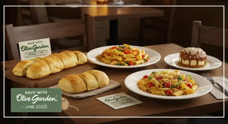 Olive Garden table with pasta, breadsticks, and a coupon tag June 2025 dining deals.