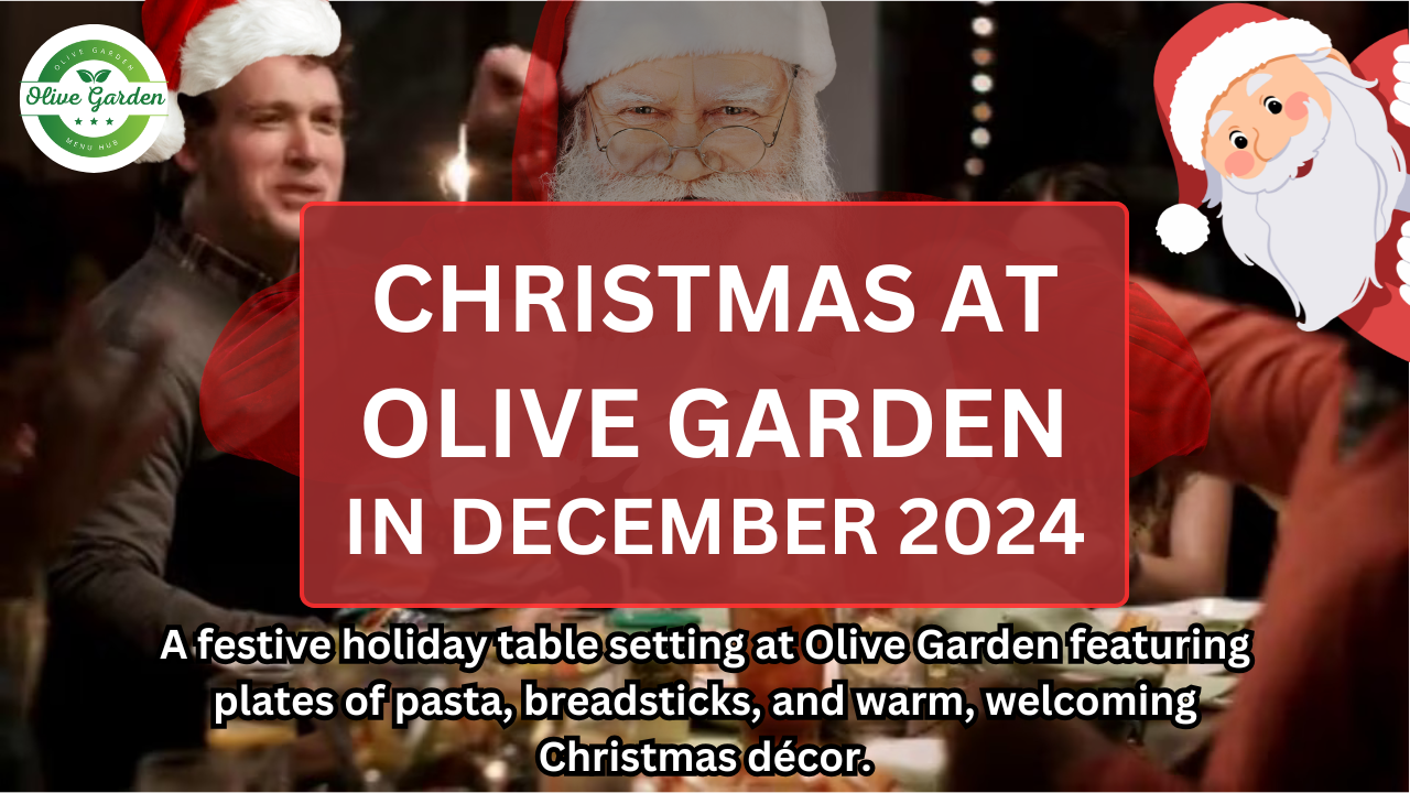 A festive holiday table setting at Olive Garden featuring plates of pasta, breadsticks, and warm, welcoming Christmas décor.