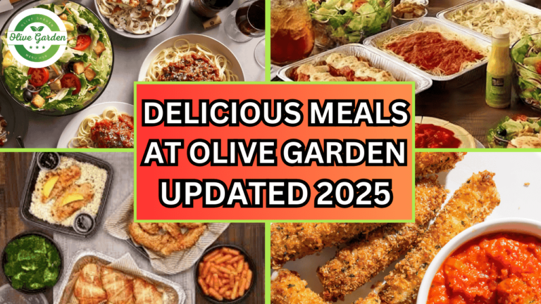 Olive Garden takeout items, including Chicken Alfredo, breadsticks, salad, and desserts