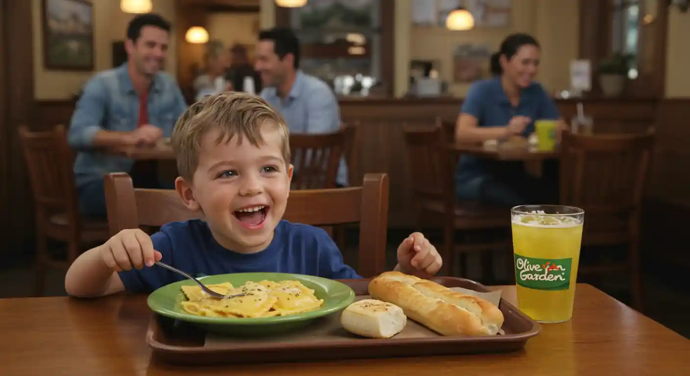 Child enjoying Olive Garden kids meal with family in a cozy Italian restaurant.