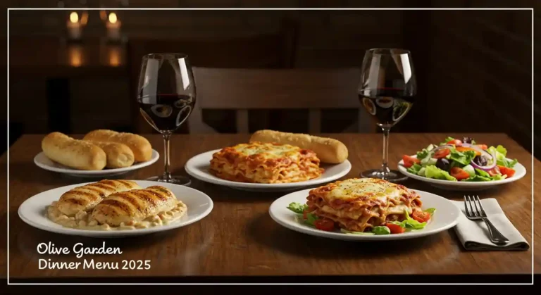 Olive Garden dinner table with Chicken Alfredo, lasagna, breadsticks, salad, and glass of red wine