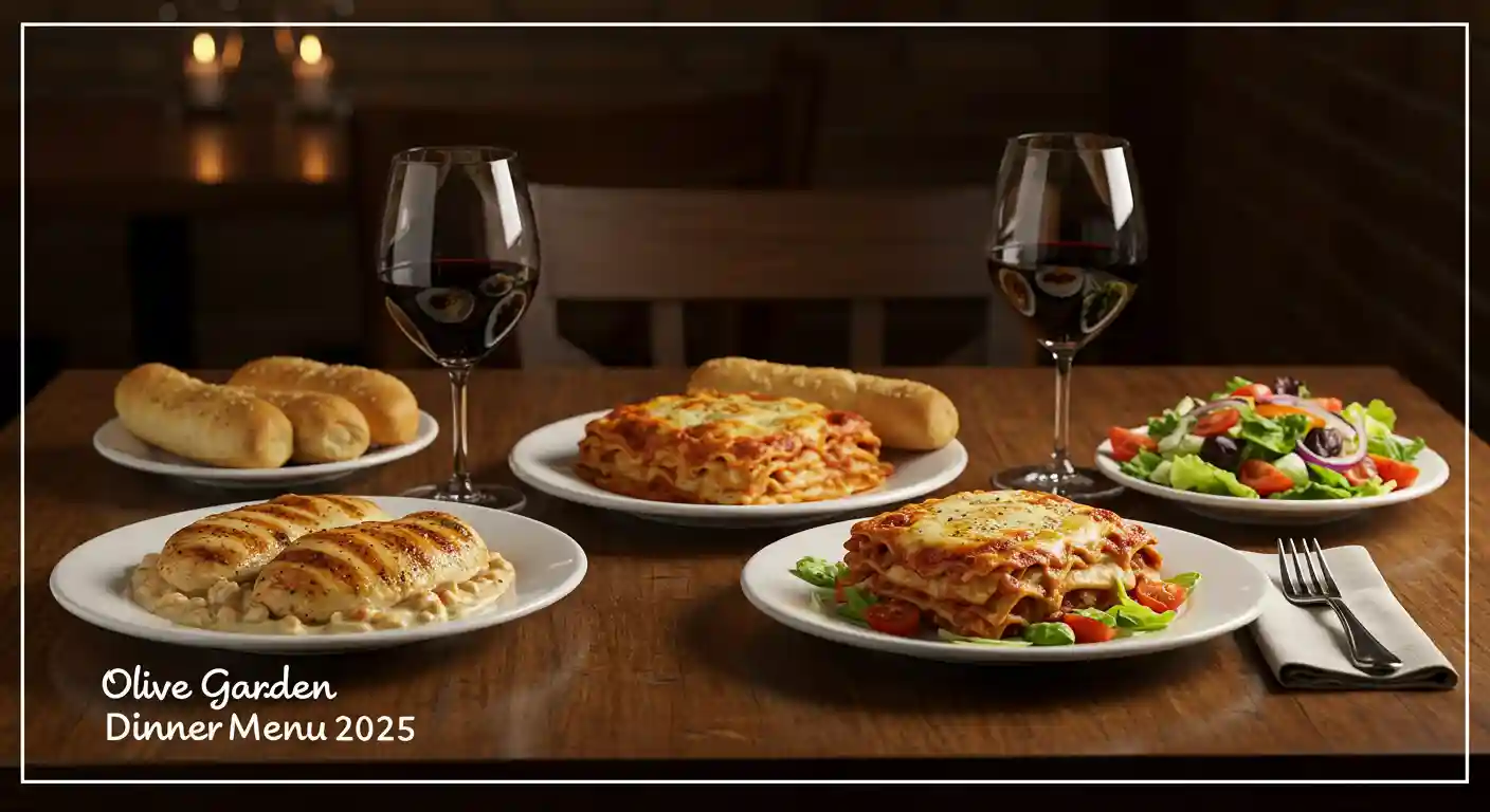 Olive Garden dinner table with Chicken Alfredo, lasagna, breadsticks, salad, and glass of red wine