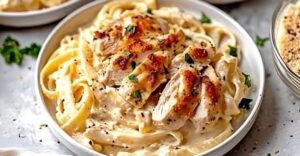 Plate of Chicken Alfredo Garnished with Parsley