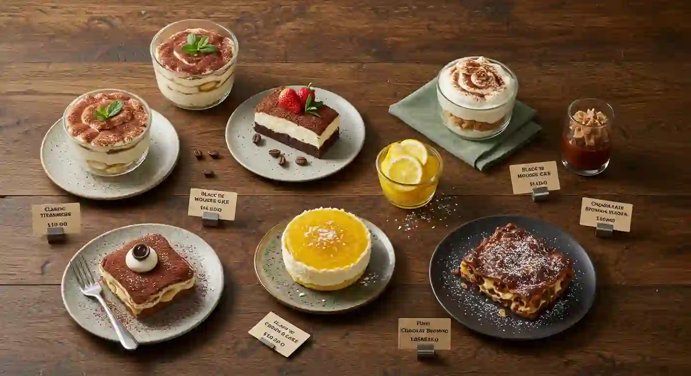Olive Garden desserts flat lay with prices on rustic Italian table