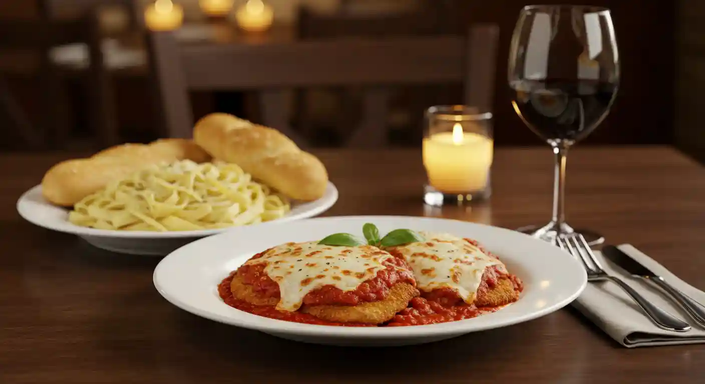 Chicken Parmigiana and Fettuccine Alfredo on table with breadsticks.