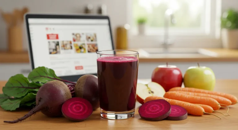 Fresh beetroot juice with online grocery shopping theme